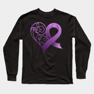 Purple Ribbon with Heart Long Sleeve T-Shirt